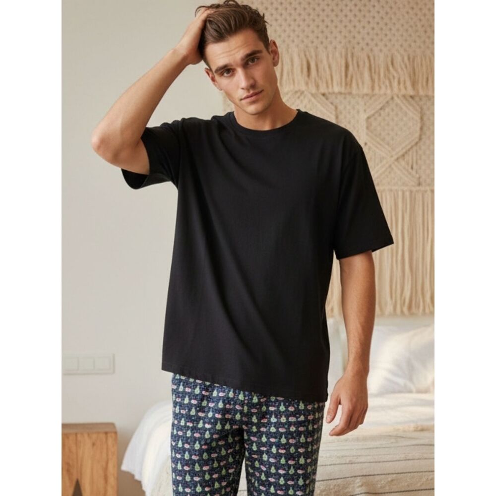 Hanes Men's Luxe Sleep Pajama Tee Short Sleeve Loungewear Relaxed Black T-Shirt